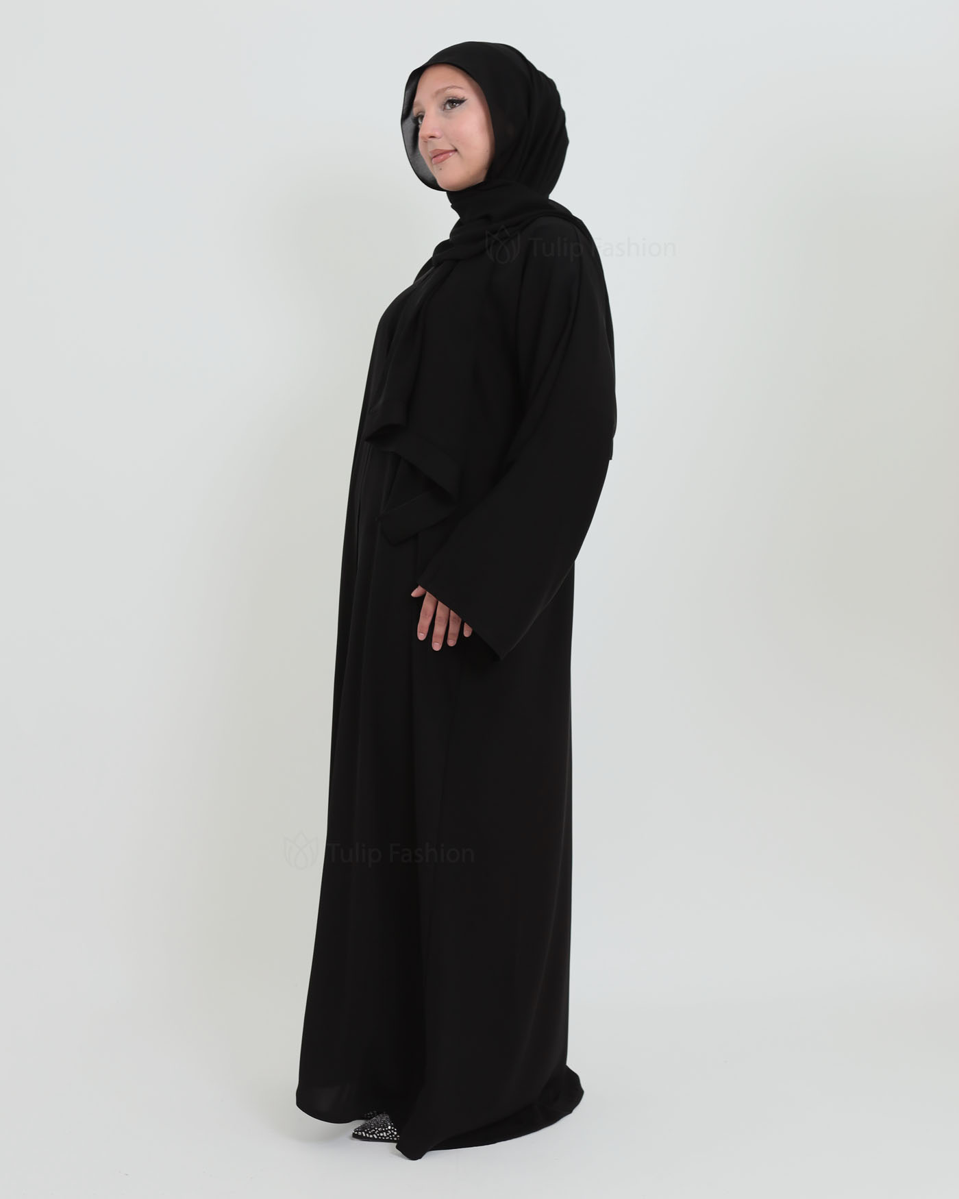 Open Abaya in Korean Nida with Matching Hijab - Black - 3