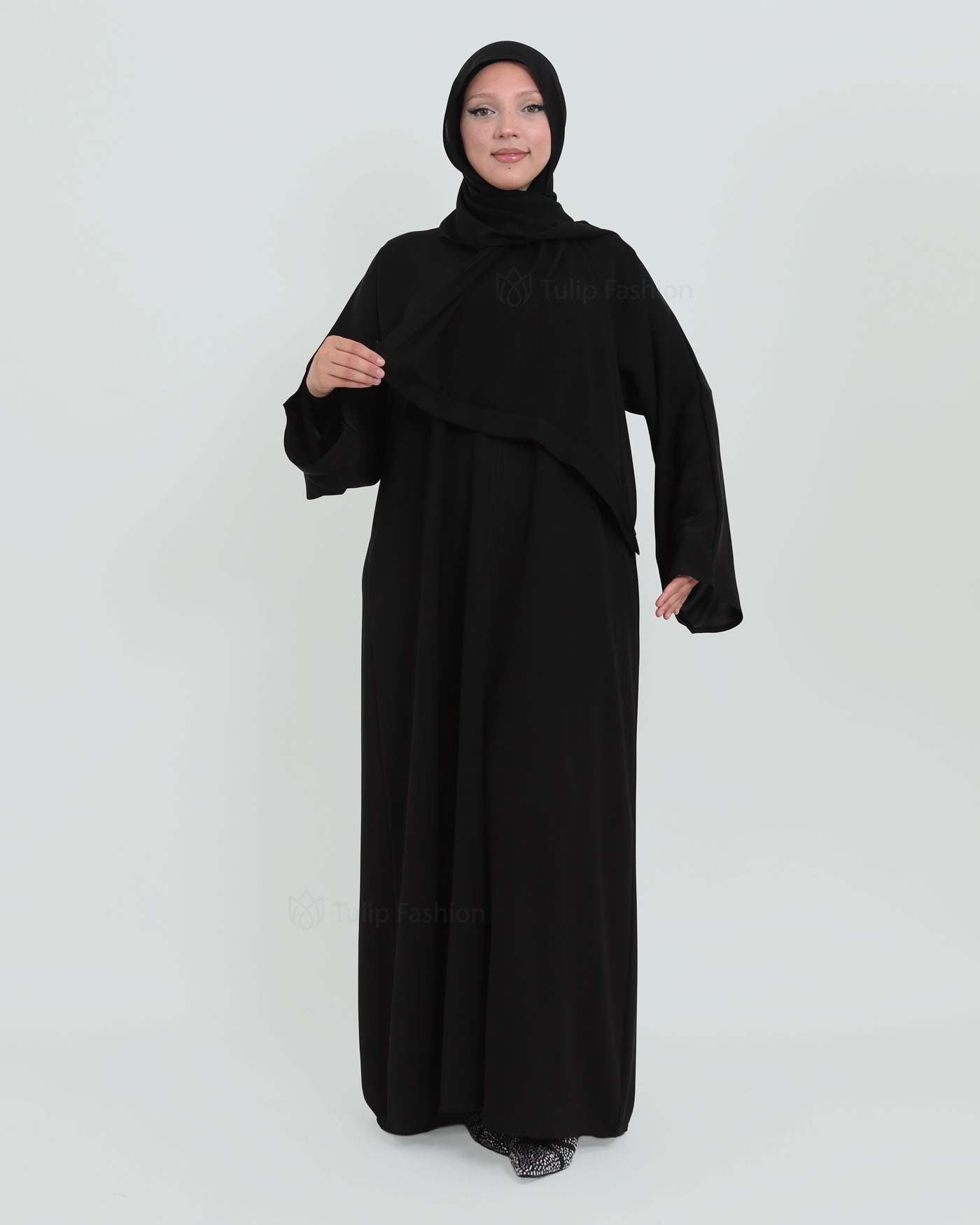 Open Abaya in Korean Nida with Matching Hijab - Black - 8