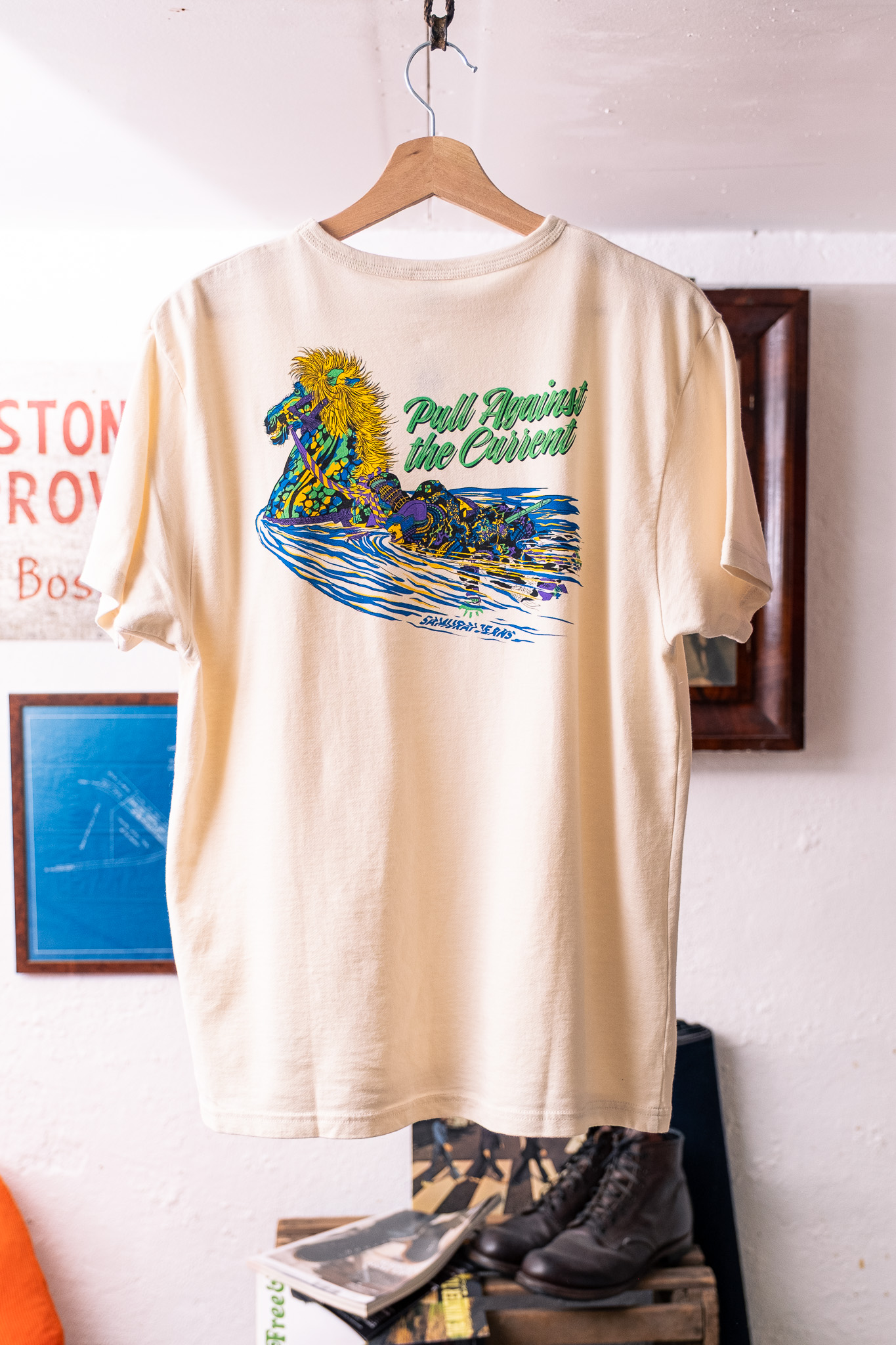 Samurai - Aged Cotton Inlay Loopwheel Tee ”Pull Against The Current” Ivory