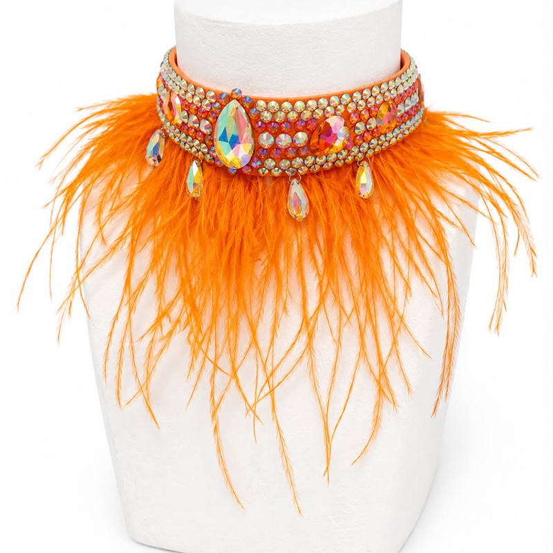 HALSBAND - orange med fjäder & stenar