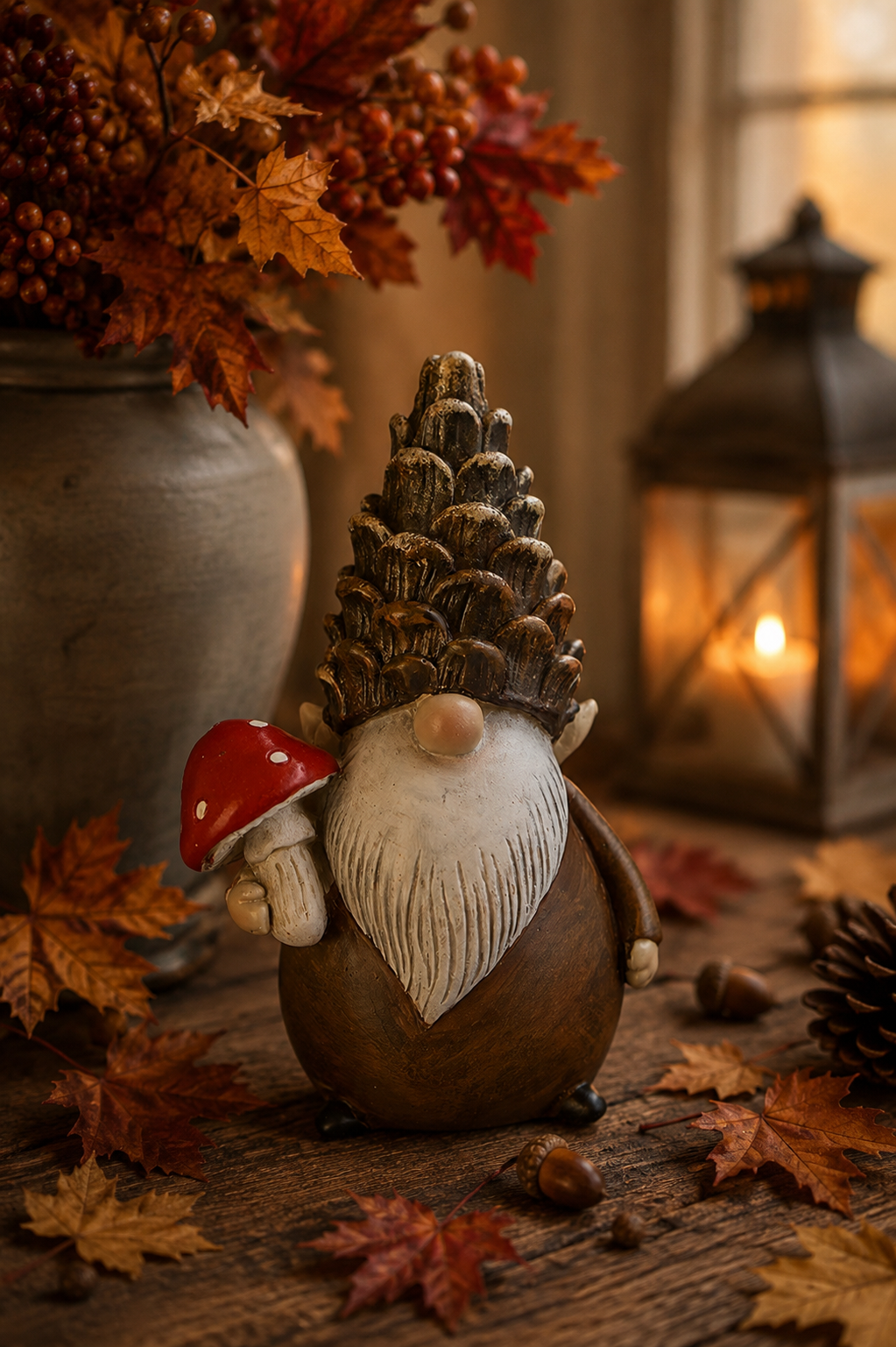 Gnome with mushroom - Brown - 7x5x10 cm