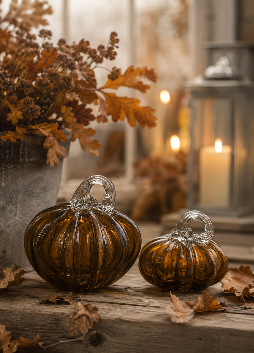 Brown glass pumpkins, 11 & 8 cm