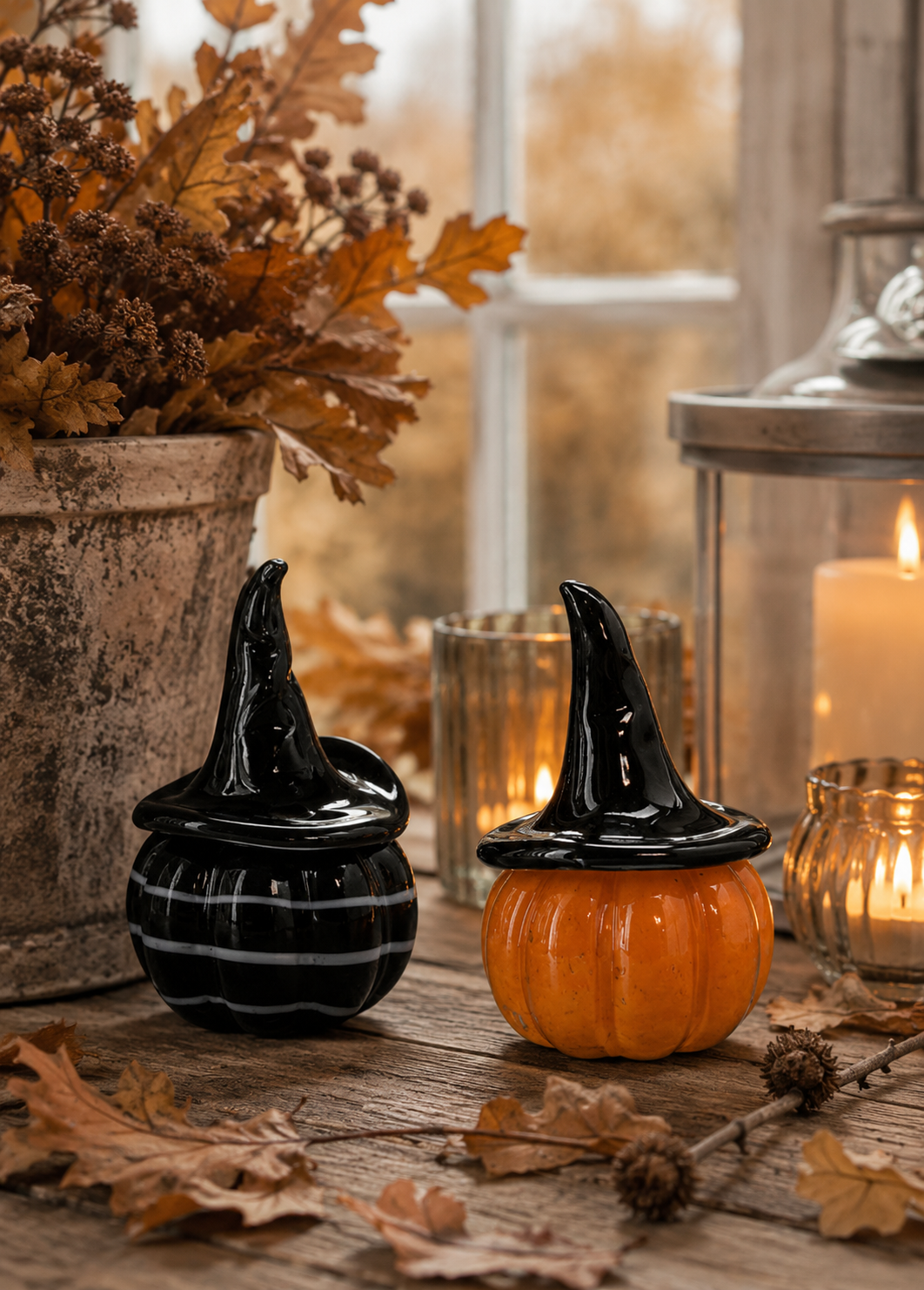 2-pack Glass pumpkins with witch hat 8x13 cm