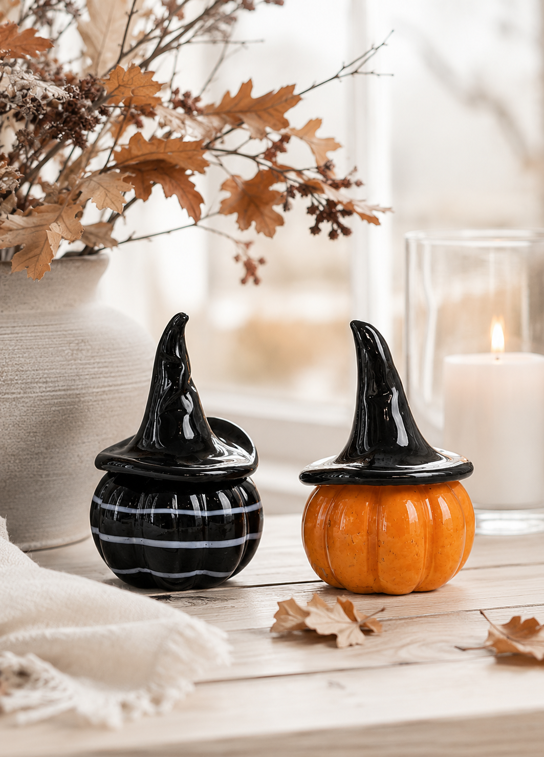 2-pack Glass pumpkins with witch hat 8x13 cm - 2