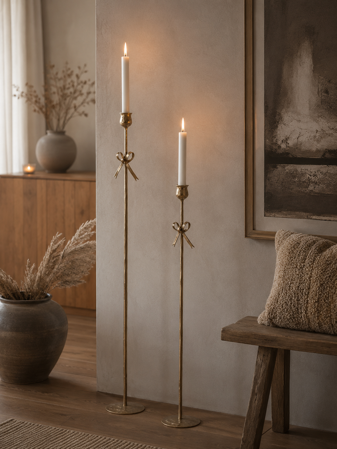 Candlestick with bow – Floor candlestick – Antique brass – 100 cm