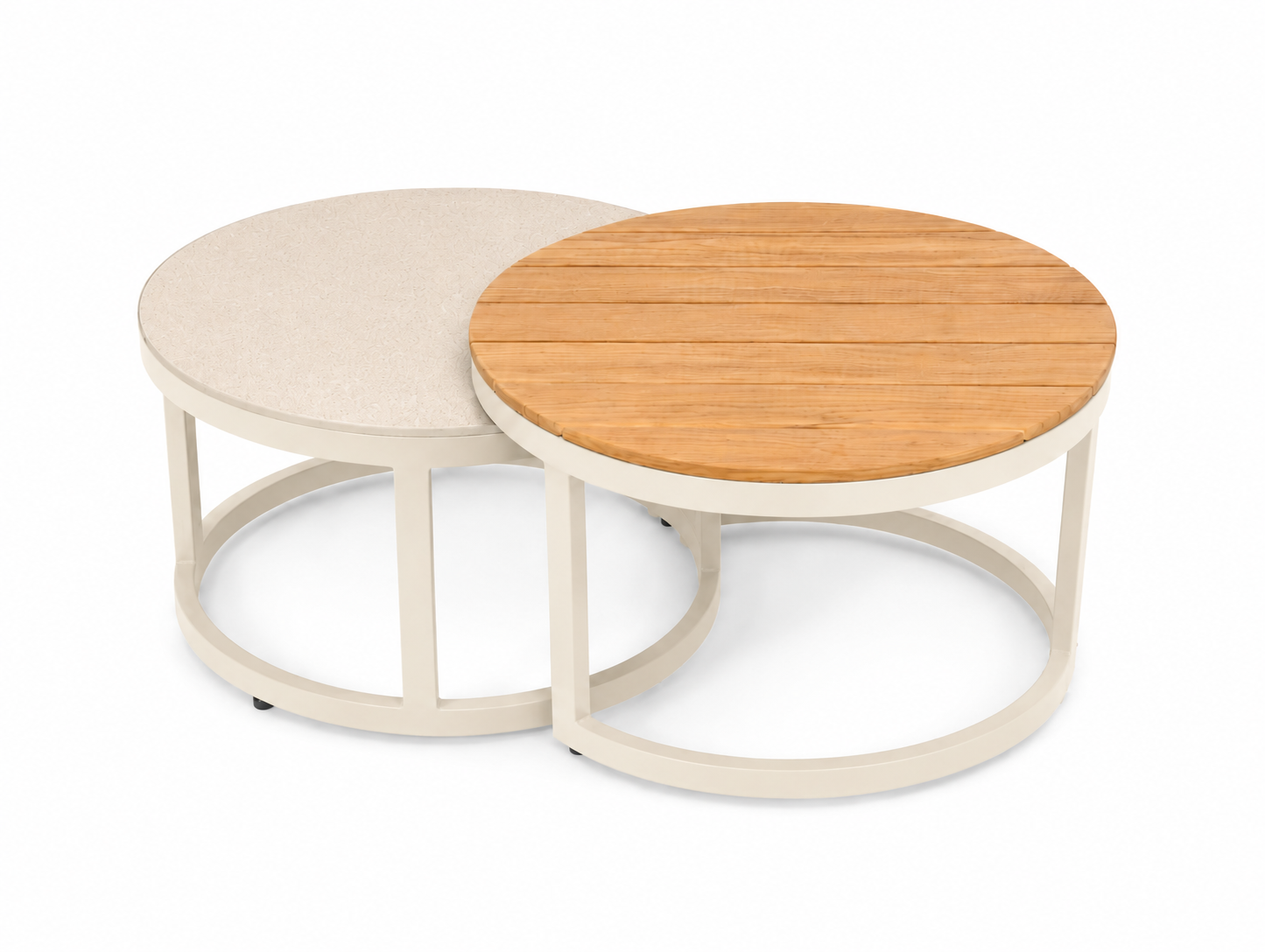 Baza parbord i creme med sandfärgad glasskiva och bordsskiva i teak