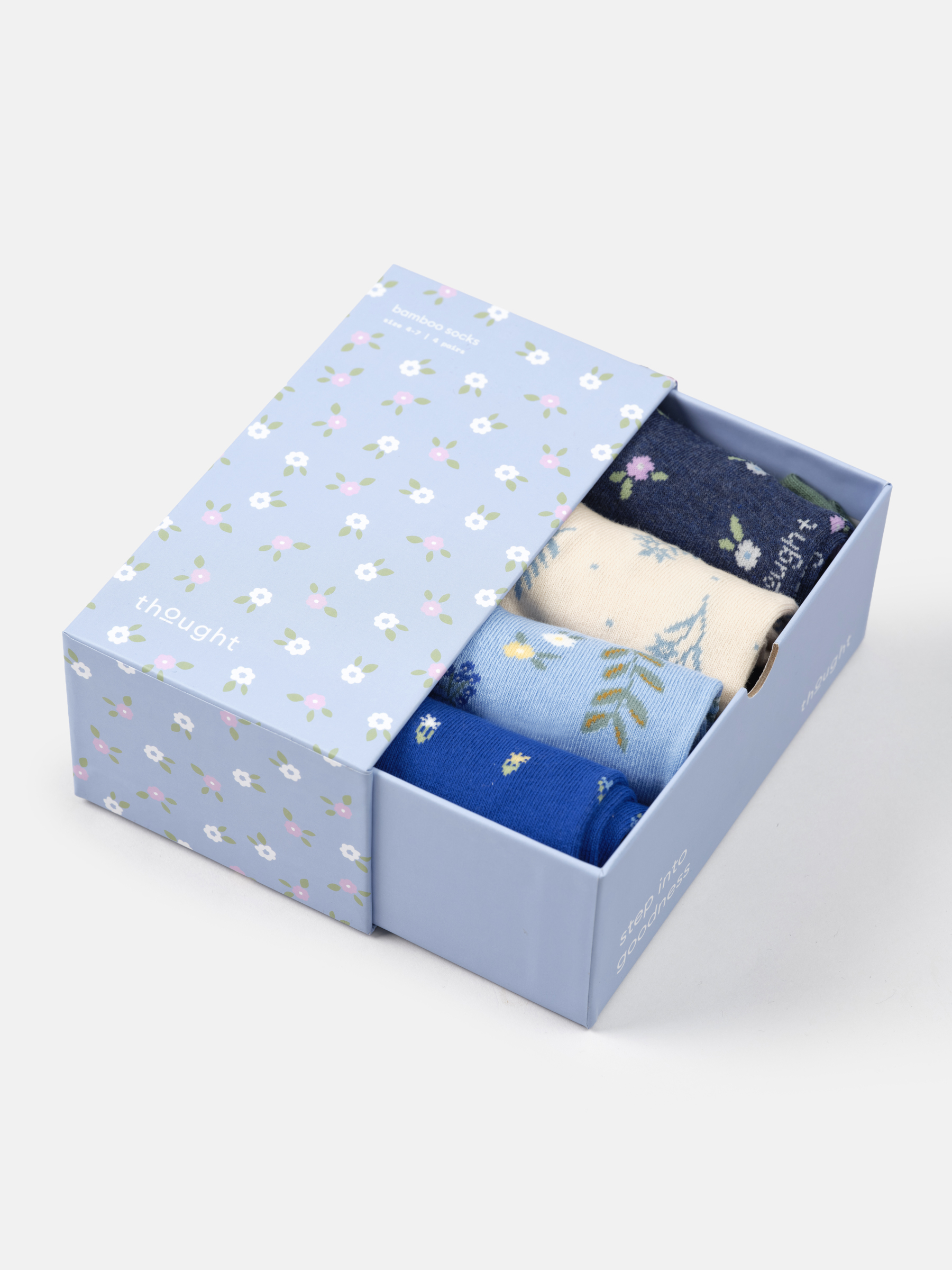 Presenttips! Blommiga bambustrumpor i blå nyanser