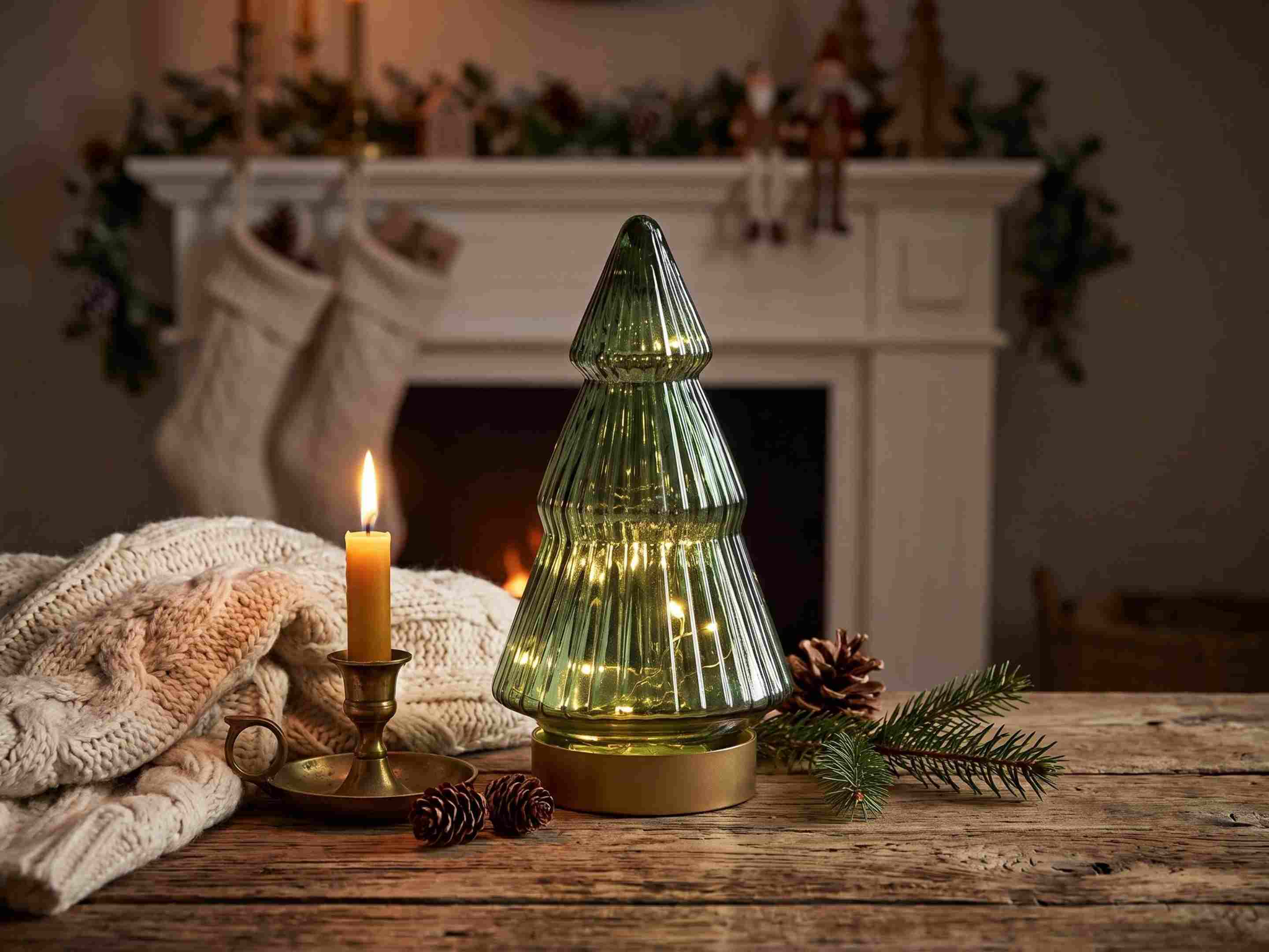 Grön julgran i räfflat glas med varm LED-belysning placerad på ett rustikt träbord bredvid tända ljus och en mysig stickad pläd, med en öppen spis i bakgrunden.