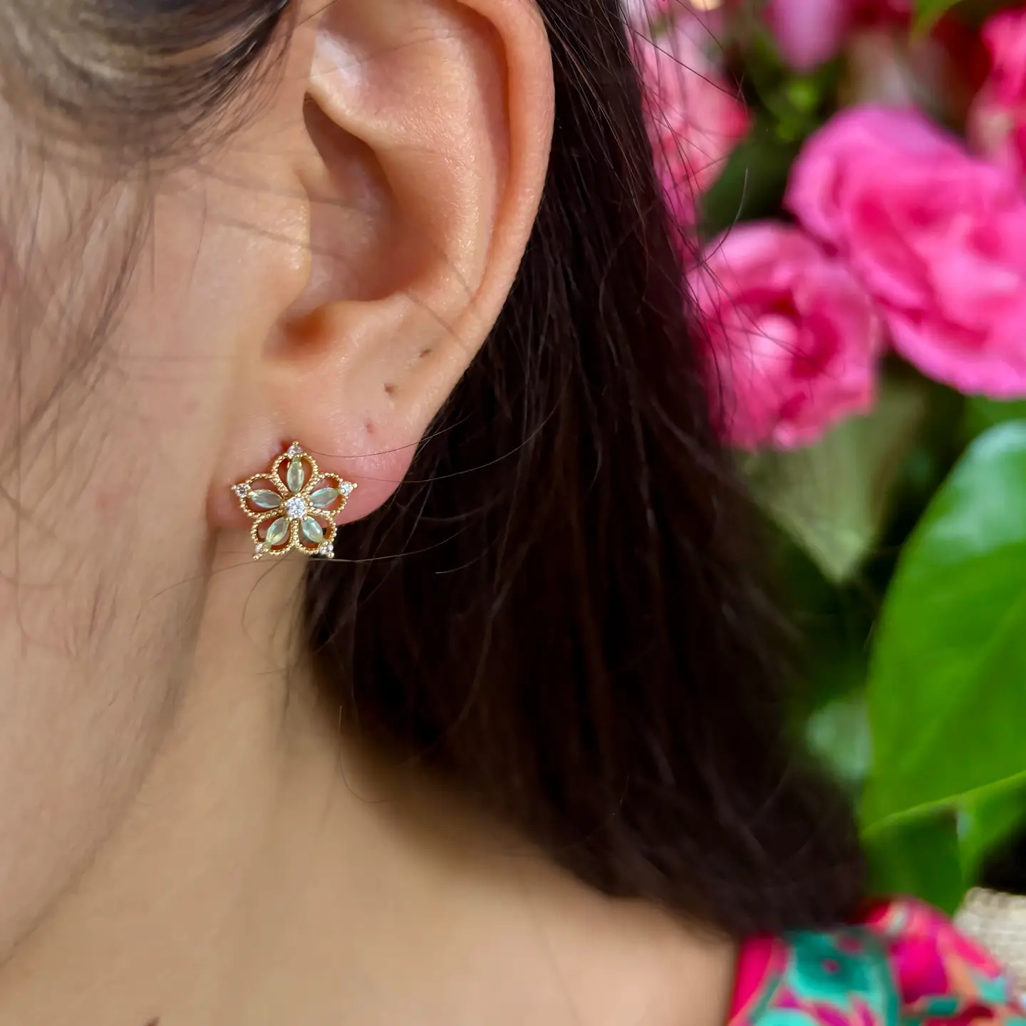 Örhängen "Cubic Zirconia Green Petal Flower" - 2