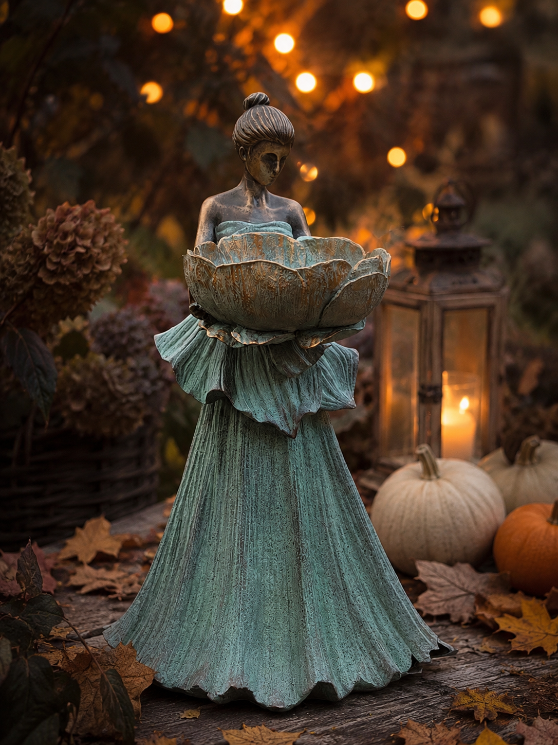 Garden lady with birdbath - Girl - Green - 56 cm