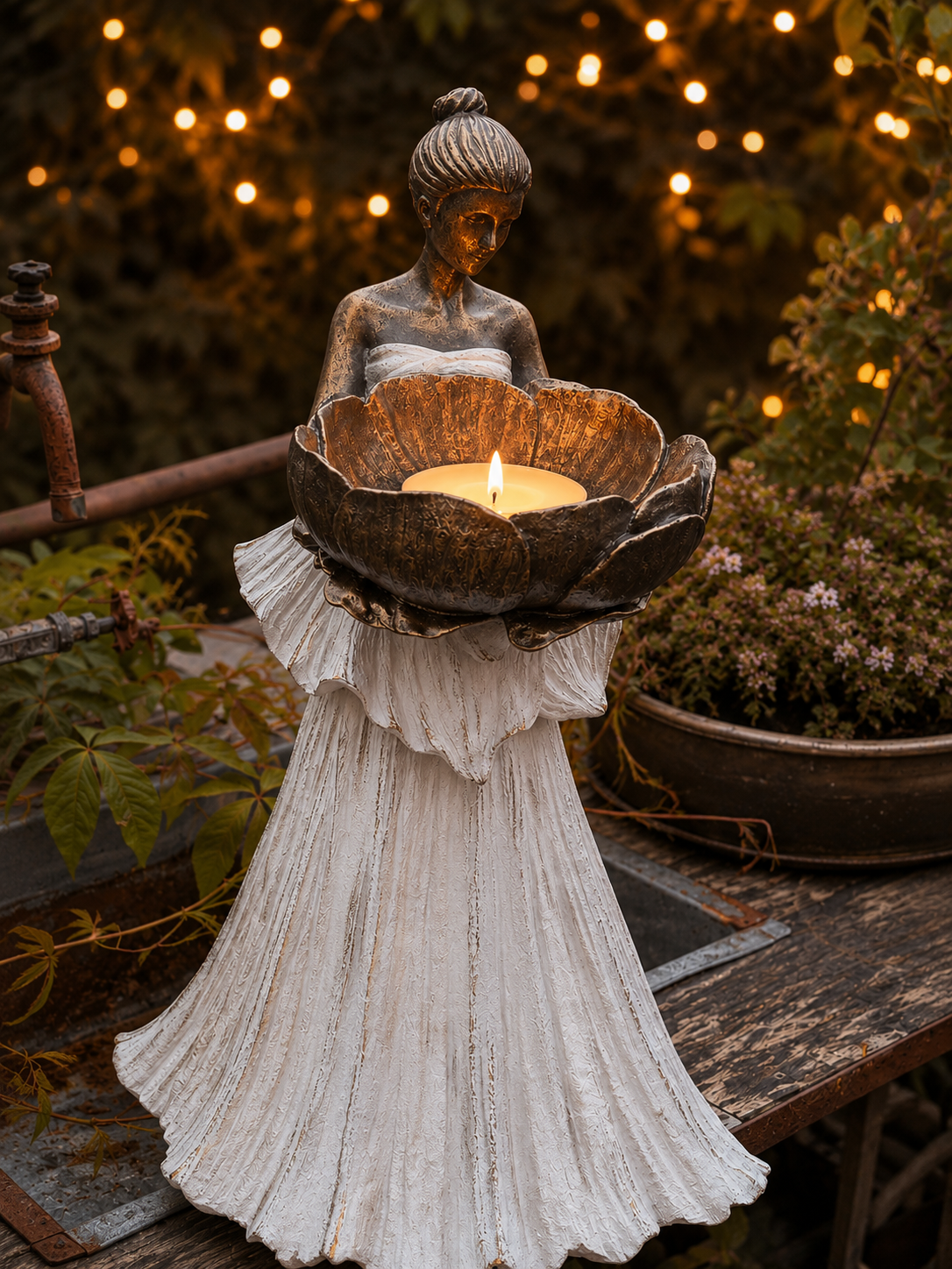 Garden lady with birdbath - Girl - Vit - 56 cm