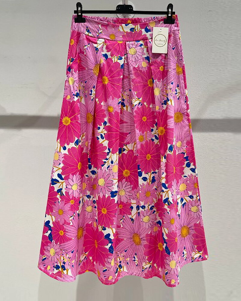 Bomullskjol onesize klockad blommig rosa