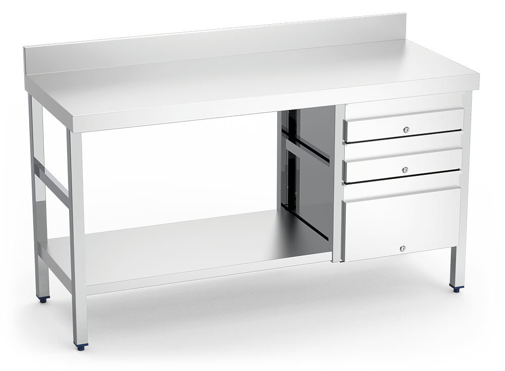 Stainless steel workbench with 3 drawers on the right side, 1500 mm