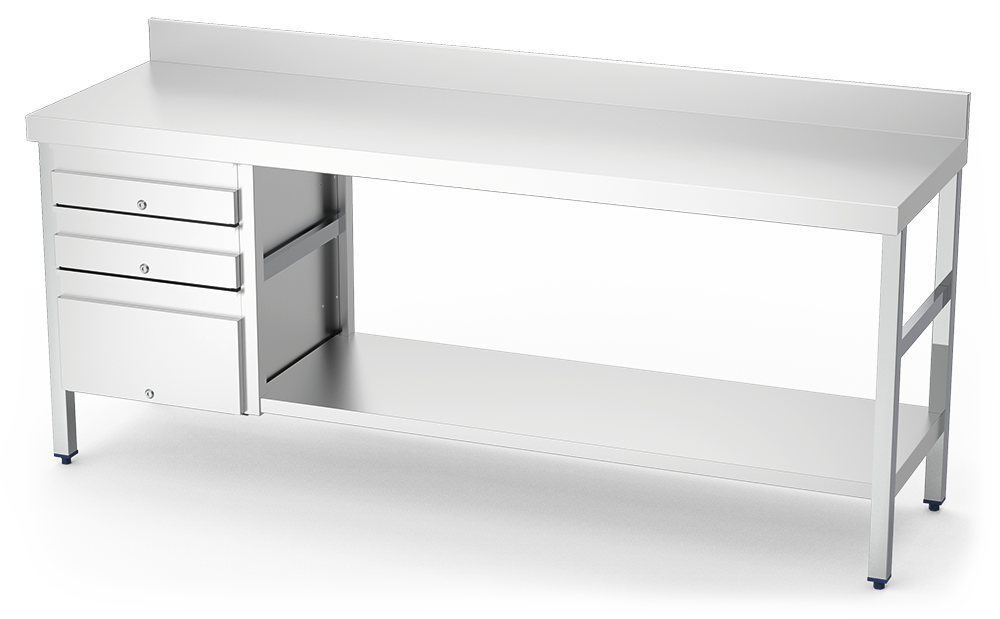 Stainless steel workbench with 3 drawers on the left side, 2000 mm