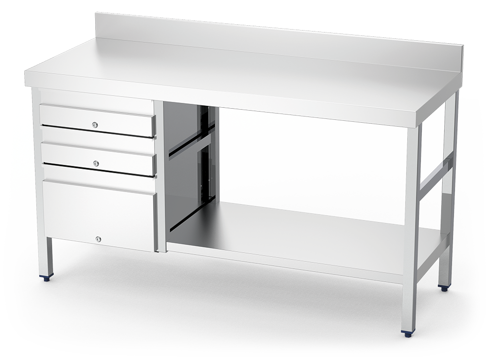 Stainless steel workbench with 3 drawers on the left side, 2000 mm - 2