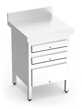 Stainless steel work table with 3 drawers, 600 mm