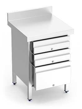 Stainless steel work table with 3 drawers, 600 mm