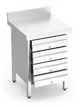 Stainless steel work table with 4 drawers, 600 mm