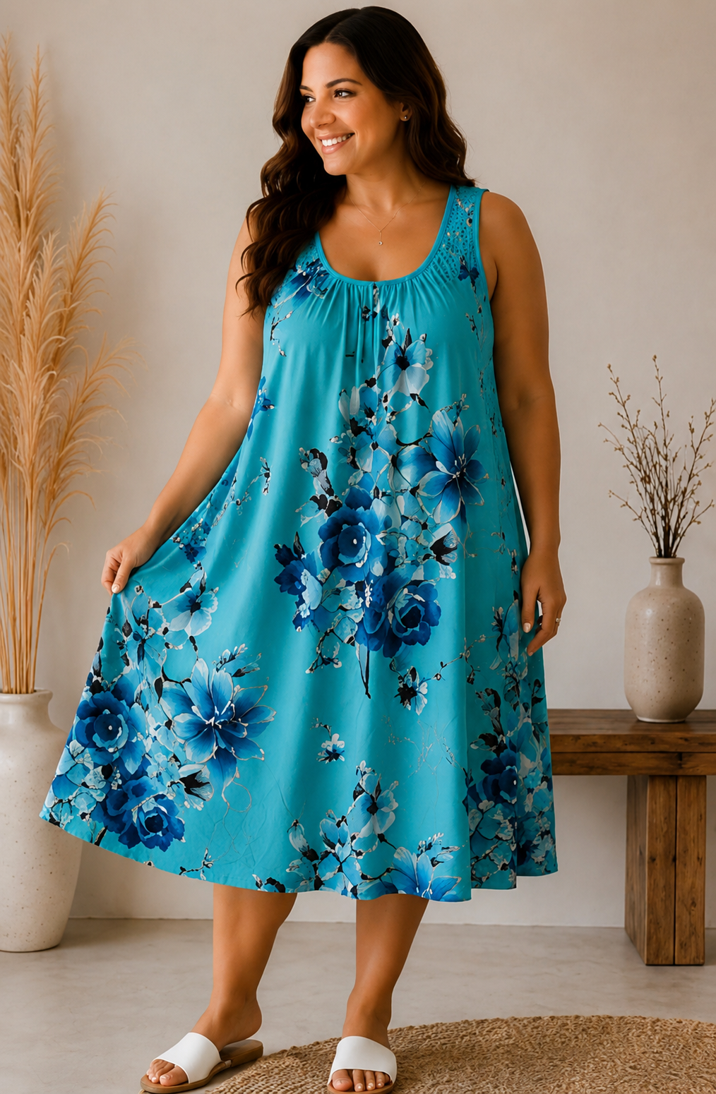 Klänning med virkade axelband, turkos 