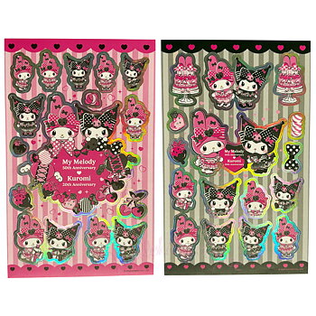 Kuromi & My Melody Holografiska Klistermärken 2 st Ark - Pink Black Party 10 x 16 cm