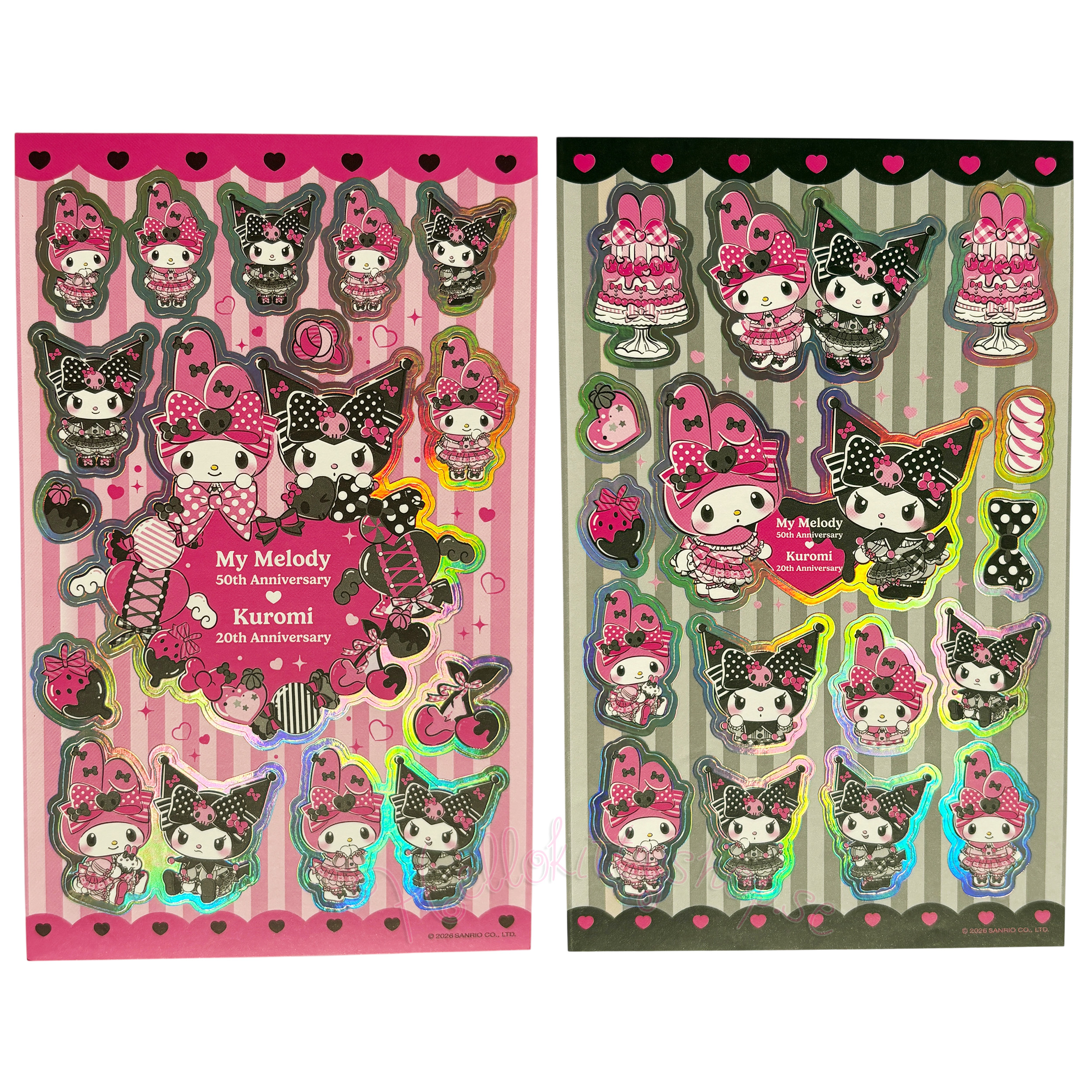 Kuromi & My Melody Holografiska Klistermärken 2 st Ark - Pink Black Party 10 x 16 cm