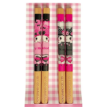 Kuromi & My Melody Ätpinnar i Bambu 24 cm - 2-pack - Pink Black Party Series