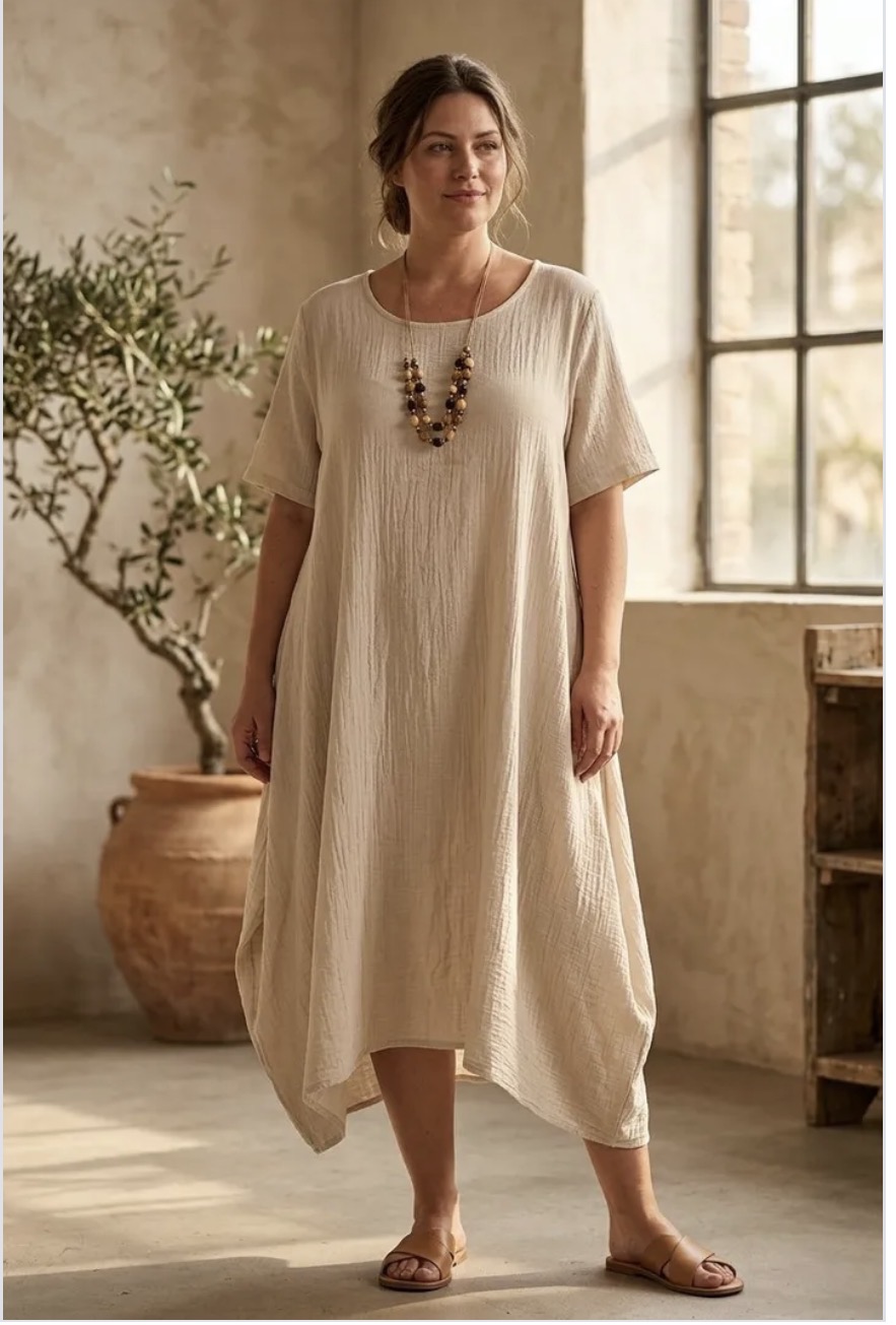 Klänning med kort ärm, beige 