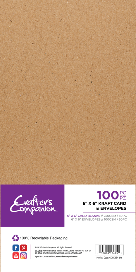 Crafter's Companion Card & Envelopes 6x6 inch Kraft (100pcs)