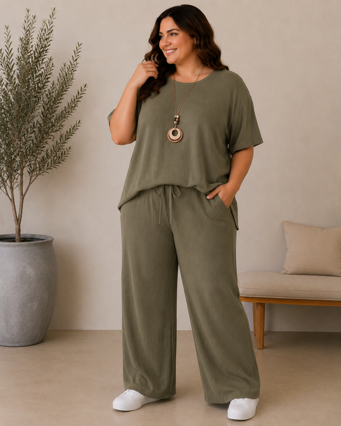 Set med topp och byxa, khaki 