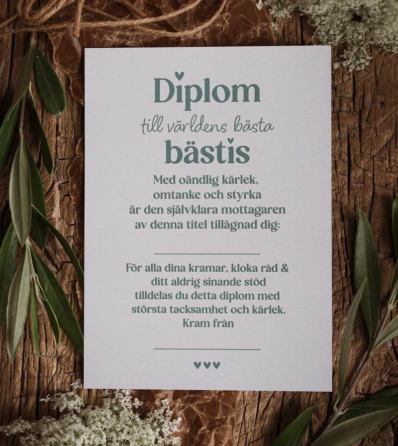 Vykort - Diplom till världens bästa bästis - Majas Cottage