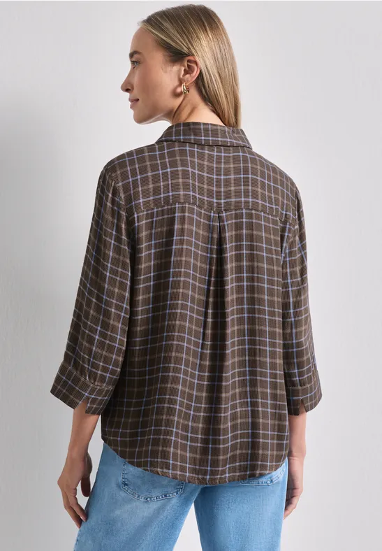 Checke Shirtcollar Blouse Silk Brown Rutig blus  - 6