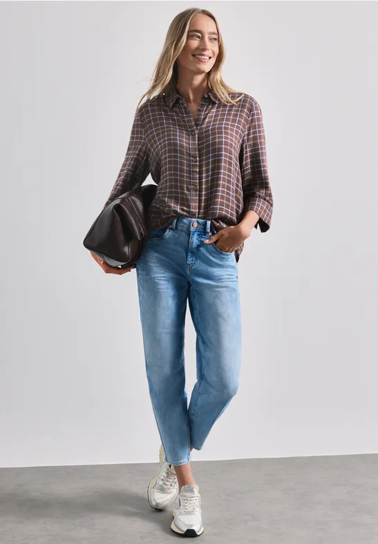 Checke Shirtcollar Blouse Silk Brown Rutig blus 