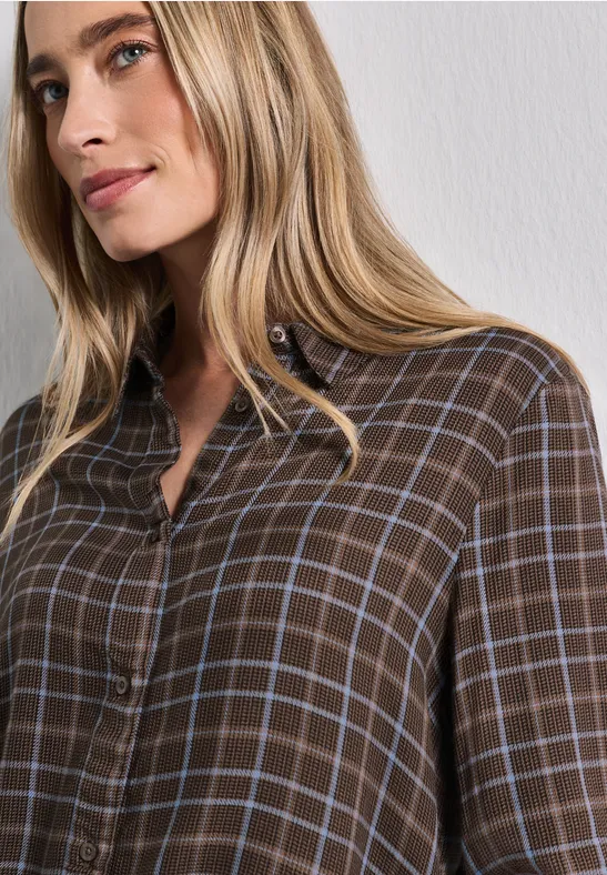 Checke Shirtcollar Blouse Silk Brown Rutig blus  - 3