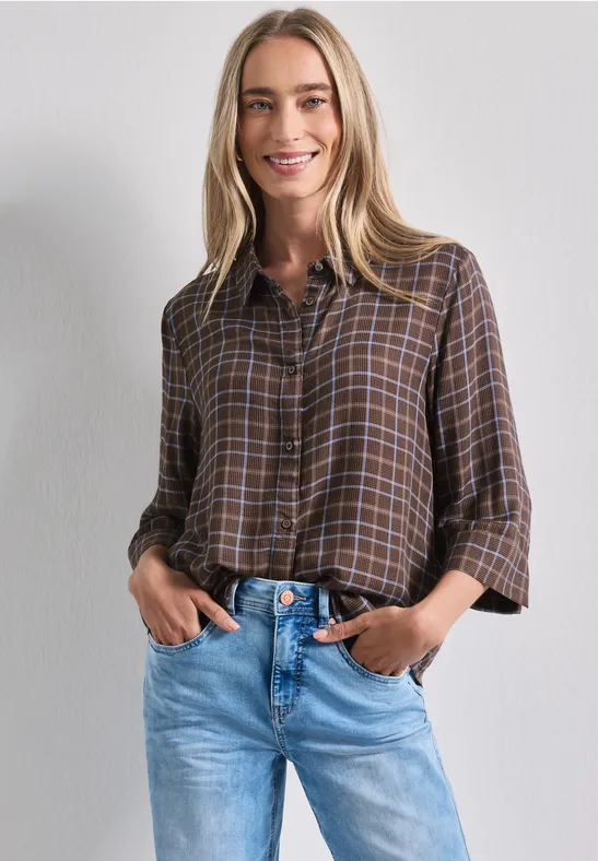 Checke Shirtcollar Blouse Silk Brown Rutig blus  - 5