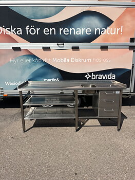 Rostfri bänk med ho till höger.