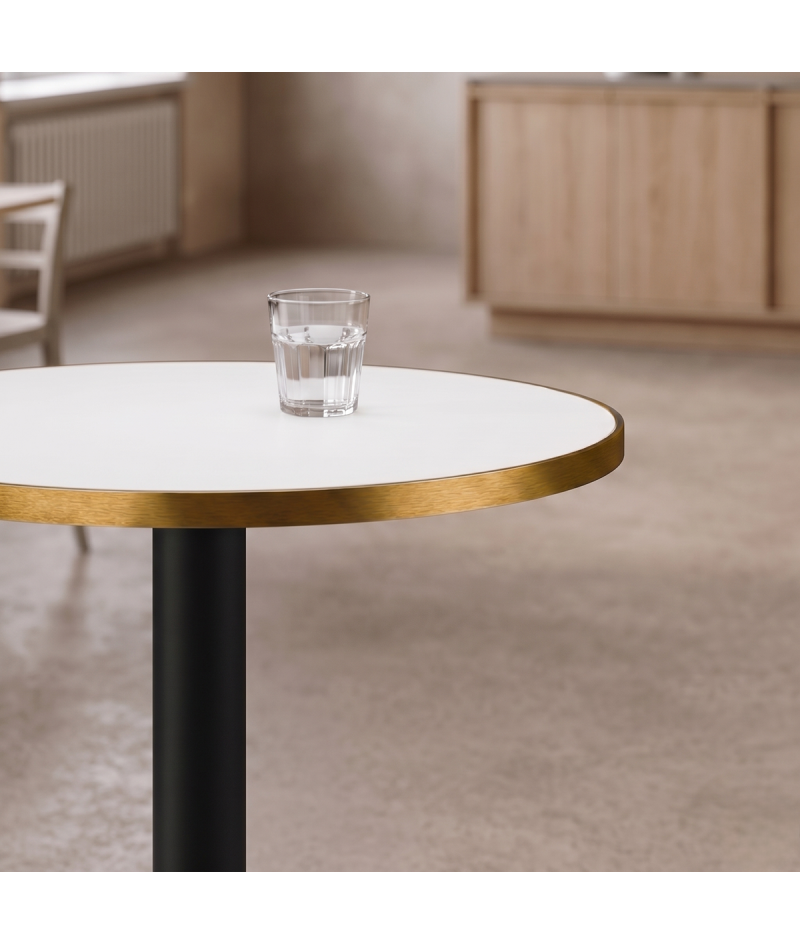 Café- och restaurangbord med laminerad schweizisk krono bordsskiva och borstad guldkant. - 13