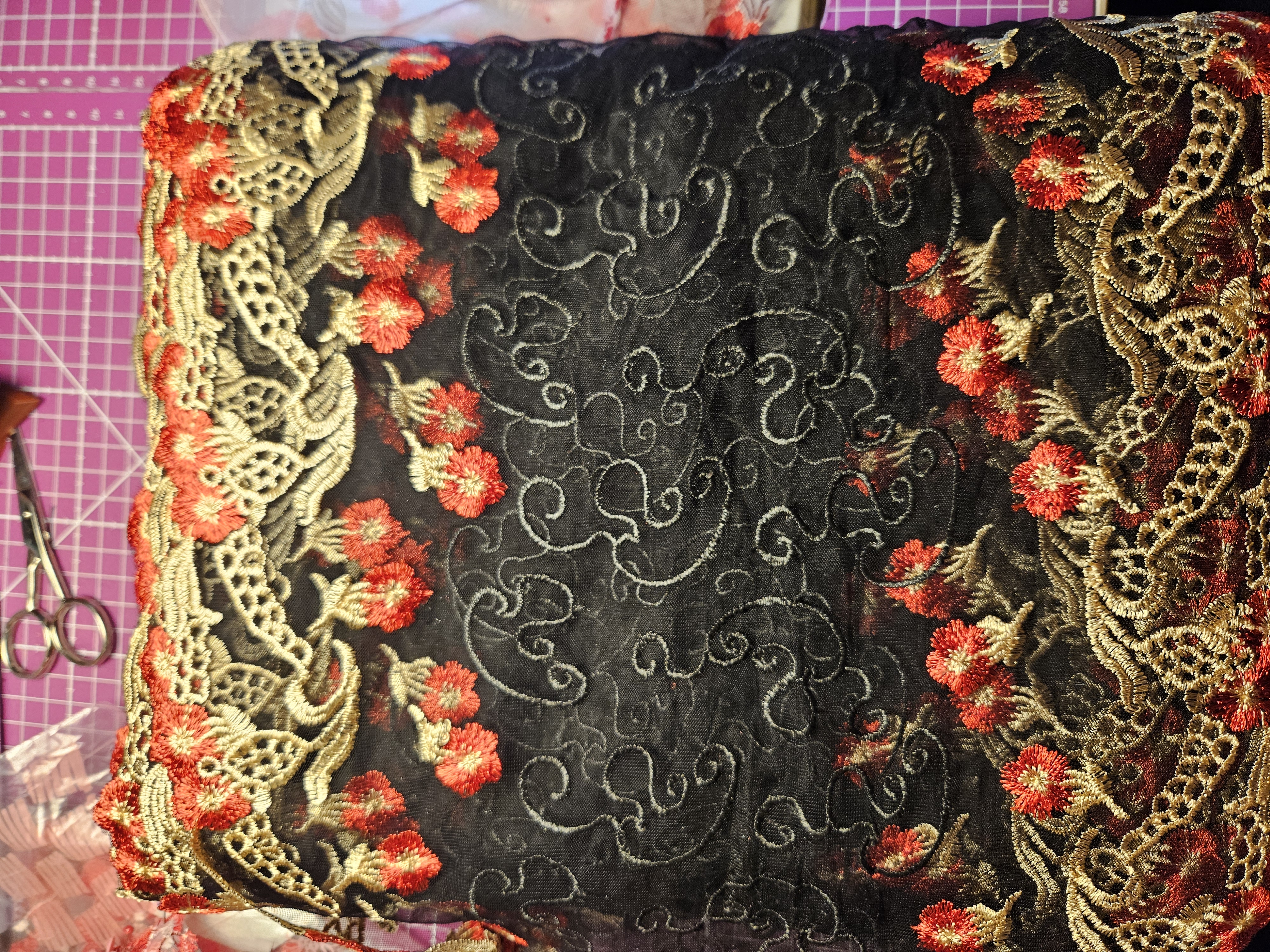 Beautiful, sheer Black non-stretch lace with gold & red pattern - 2