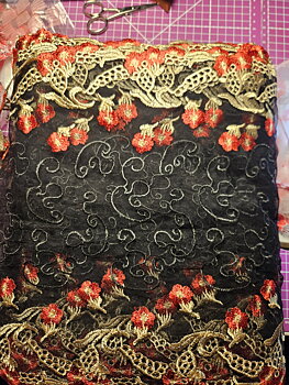 Beautiful, sheer Black non-stretch lace with gold & red pattern