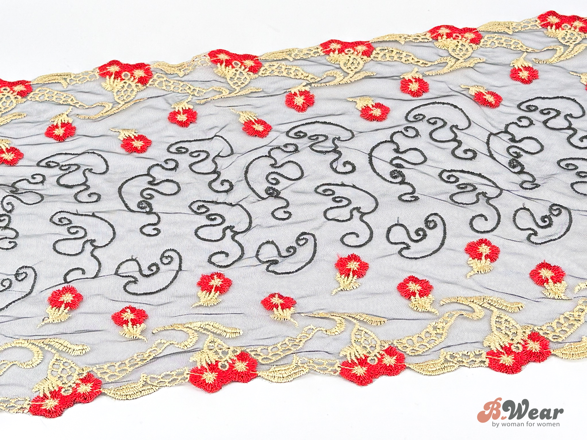 Beautiful, sheer Black non-stretch lace with gold & red pattern