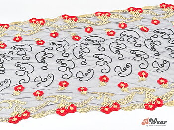 Beautiful, sheer Black non-stretch lace with gold & red pattern