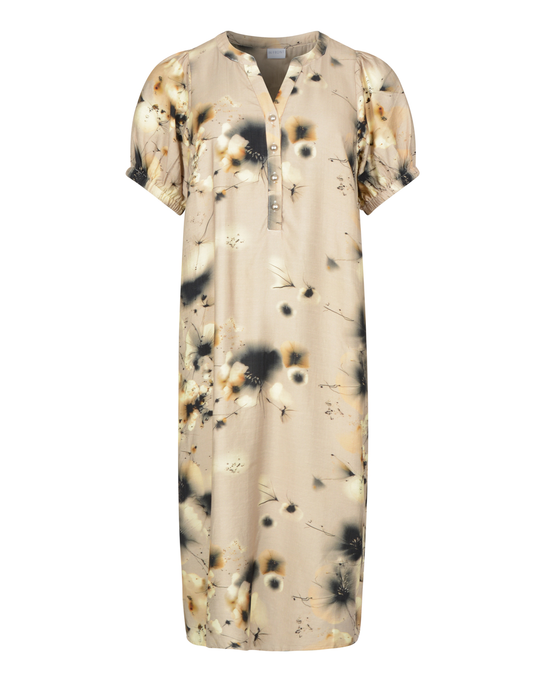 Klänning Synne rak v-ringad blommig beige