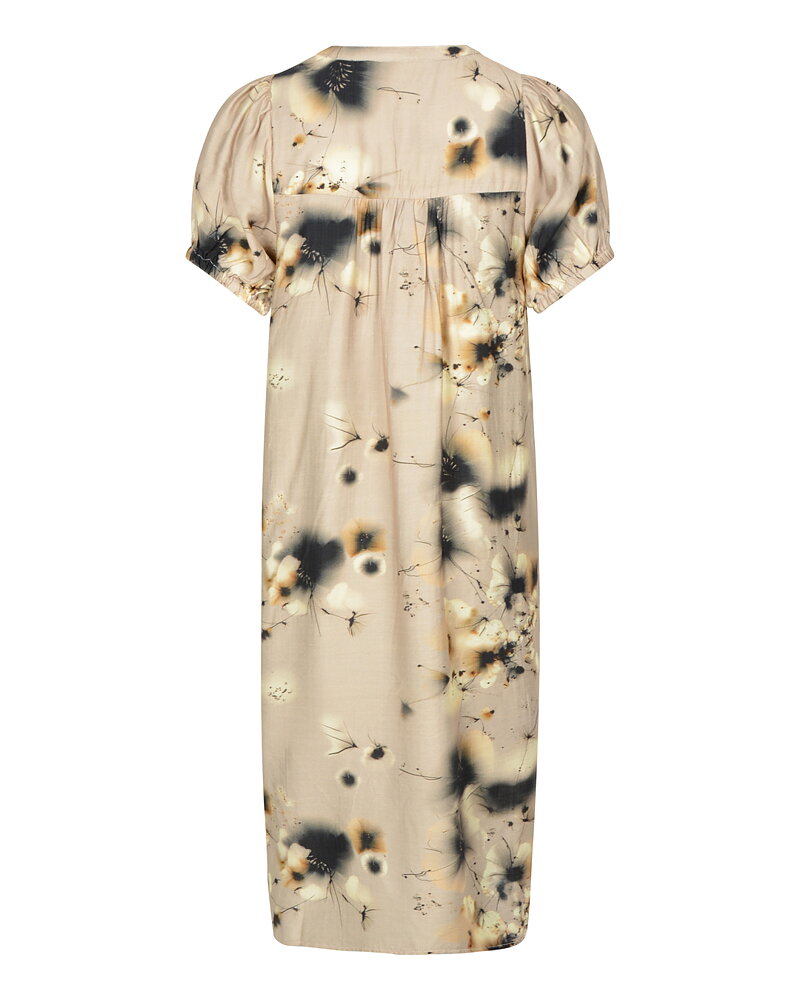 Klänning Synne rak v-ringad blommig beige