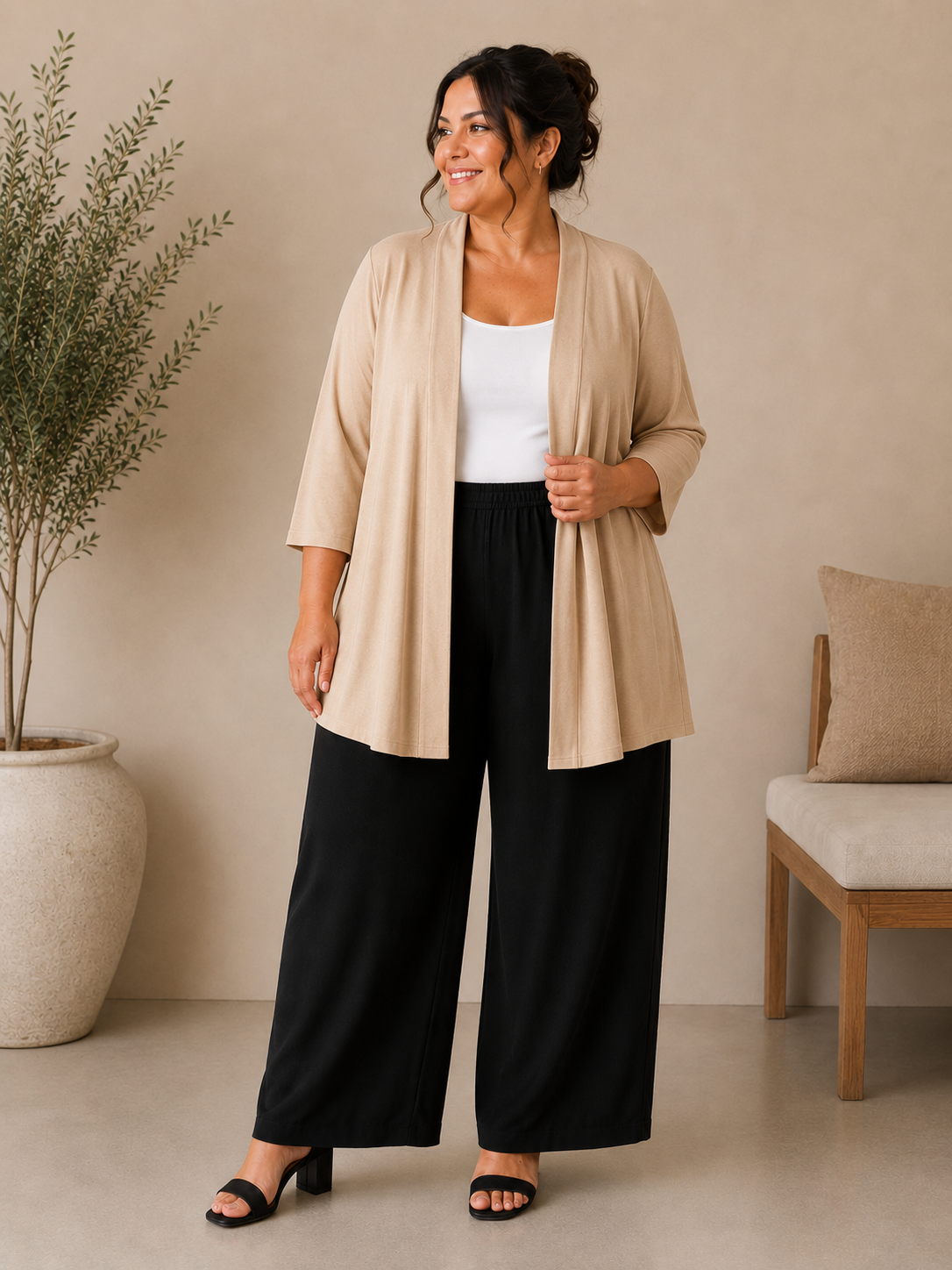 Cardigan med lång ärm, beige 