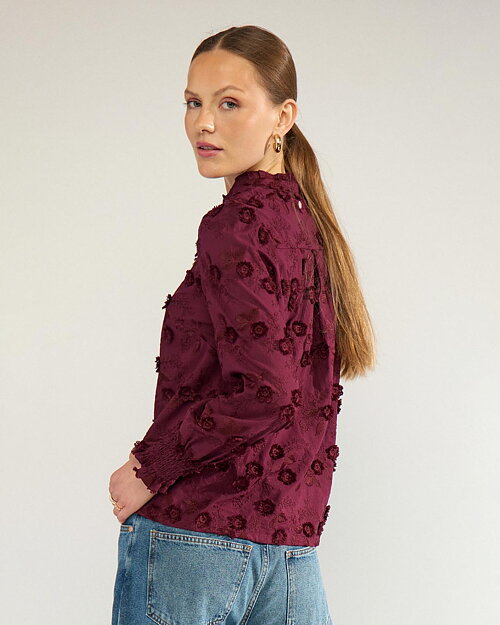 Blus Lenea broderade blommor vinröd - 2