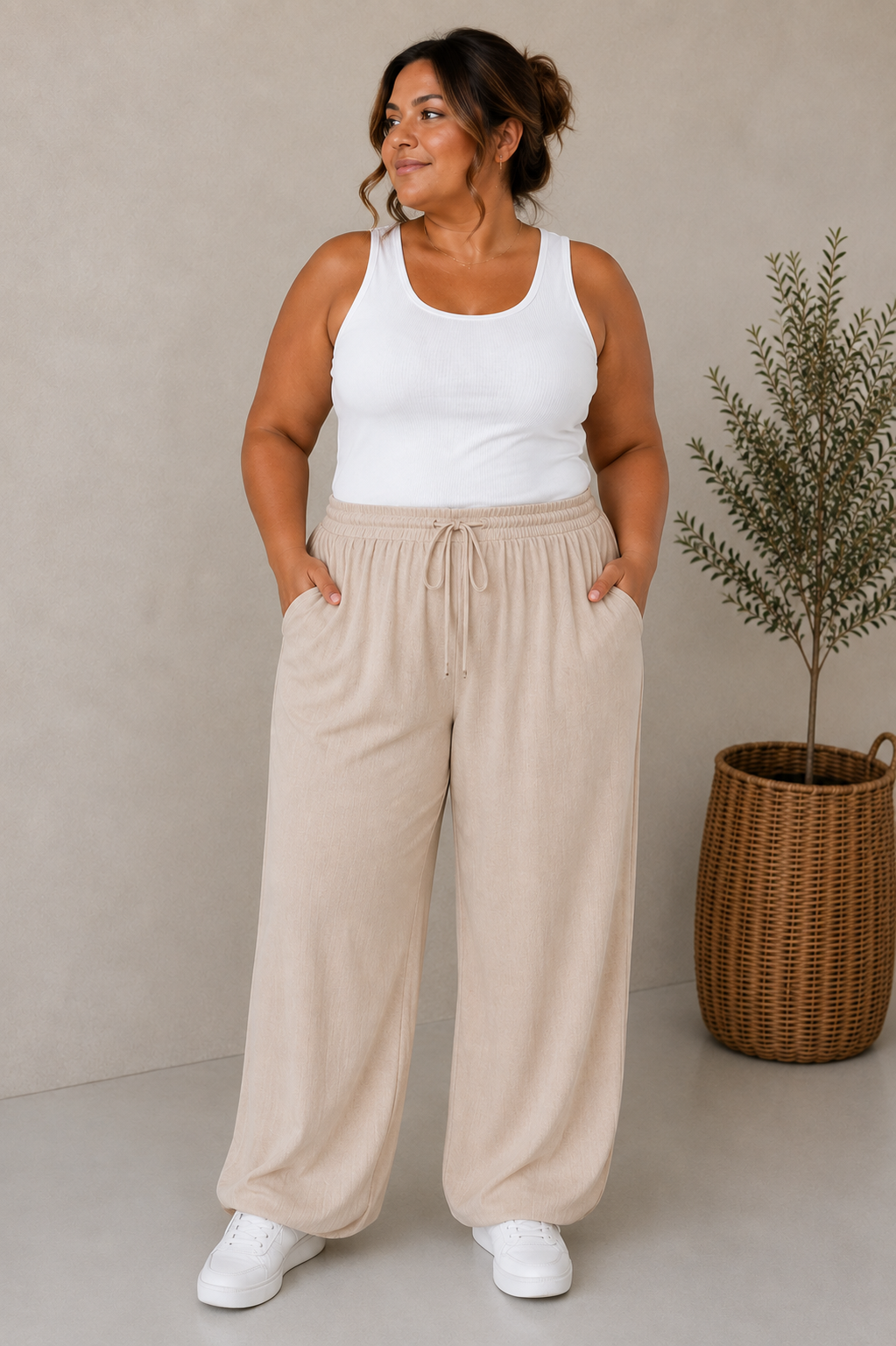 Haremsbyxa med resårmidja, beige 