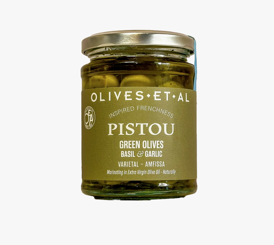 Gröna oliver med basilika & vitlök 270g