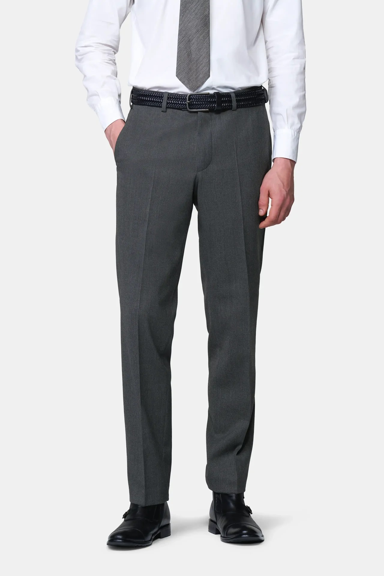 Grå (dark grey) maskintvättbara ullbyxor i Teflon Twill och normal passform (Meyer / Roma)