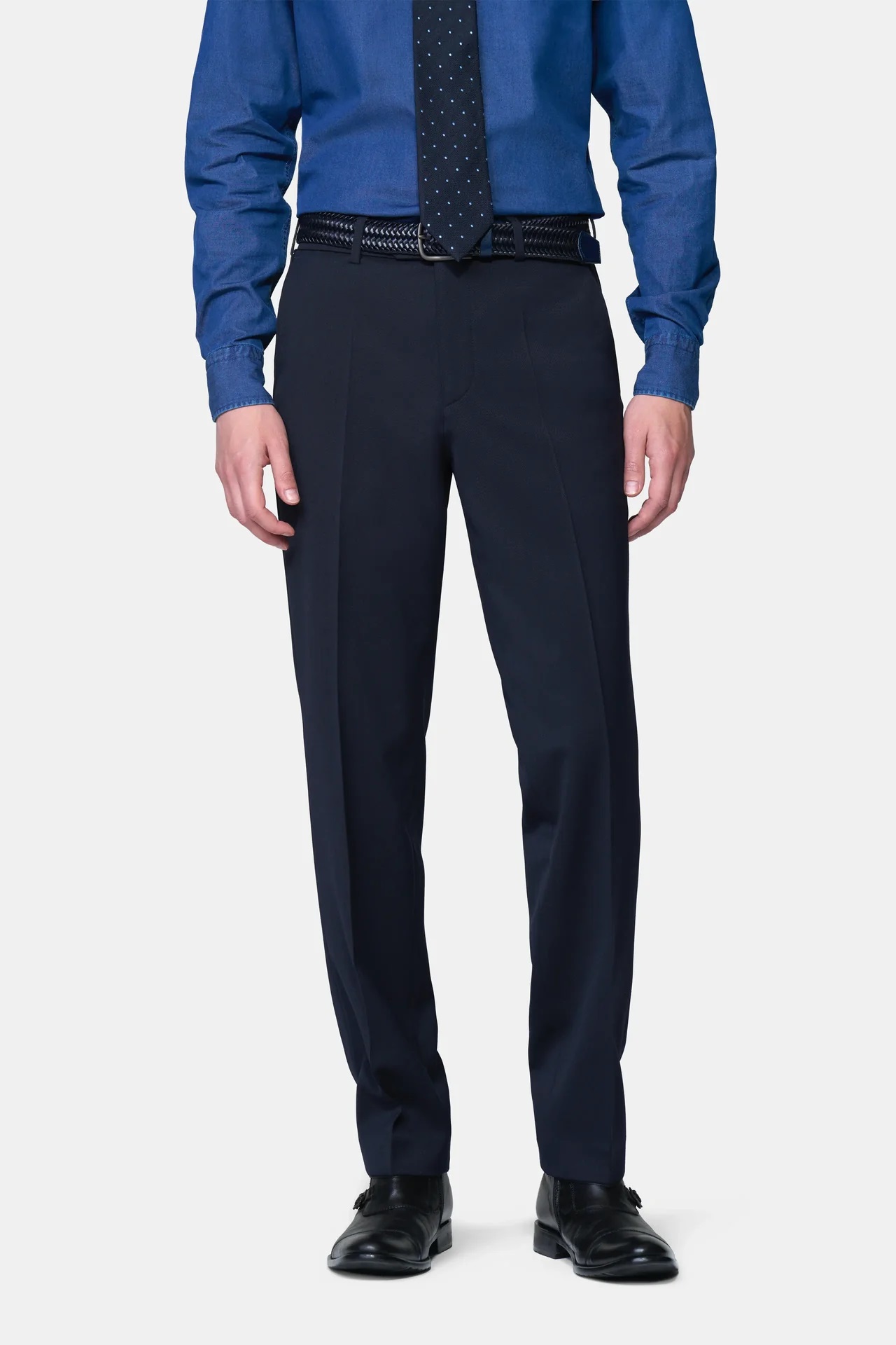 Blå (navy) maskintvättbara ullbyxor i Teflon Twill och normal passform (Meyer / Roma)