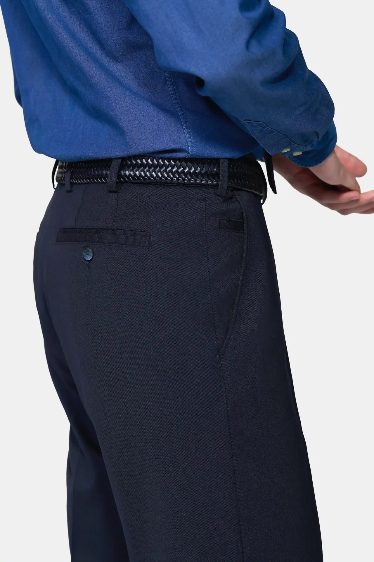 Blå (navy) maskintvättbara ullbyxor i Teflon Twill och normal passform (Meyer / Roma) - 4