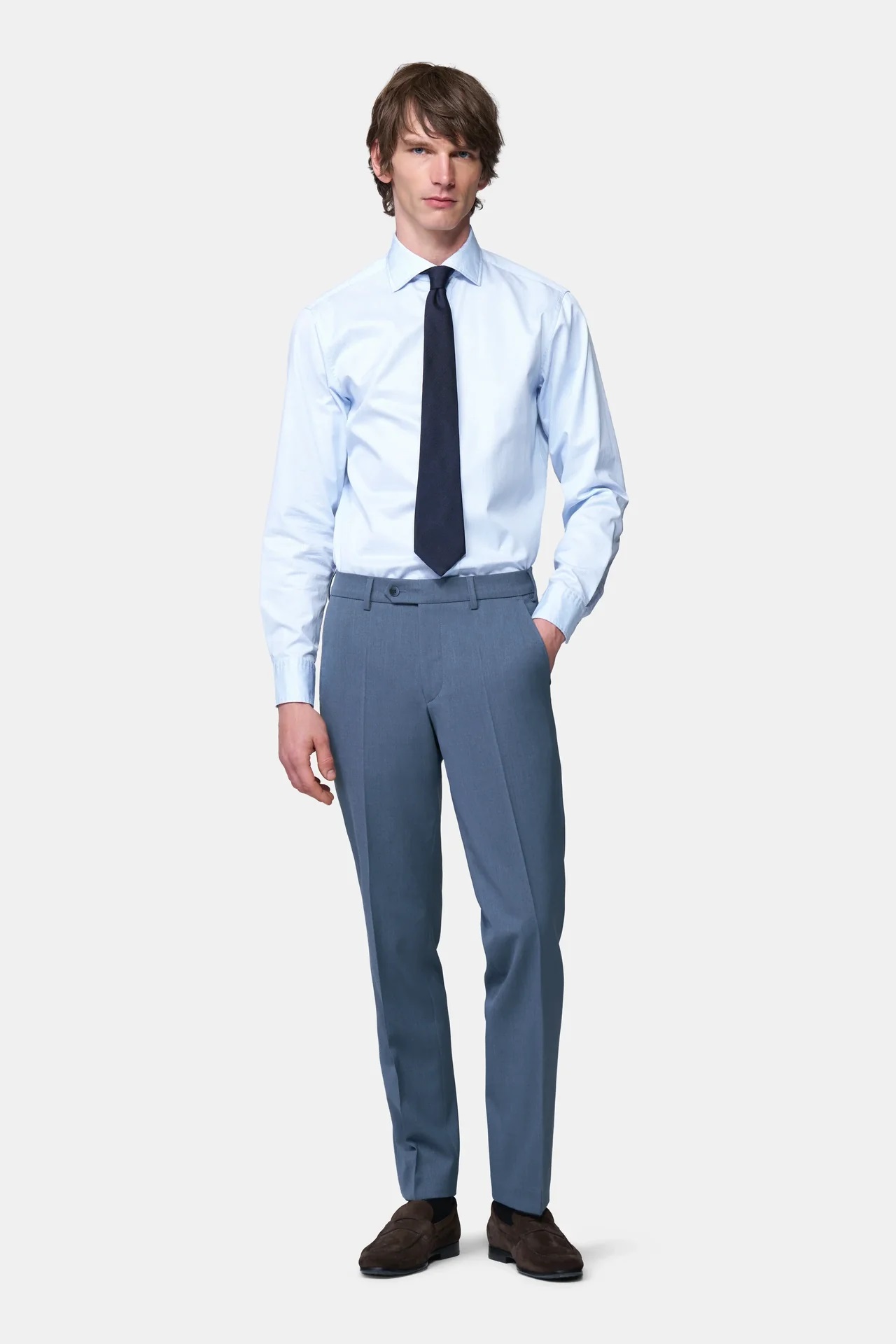Blå (blue) maskintvättbara ullbyxor i Teflon Twill och normal passform (Meyer / Roma) - 3